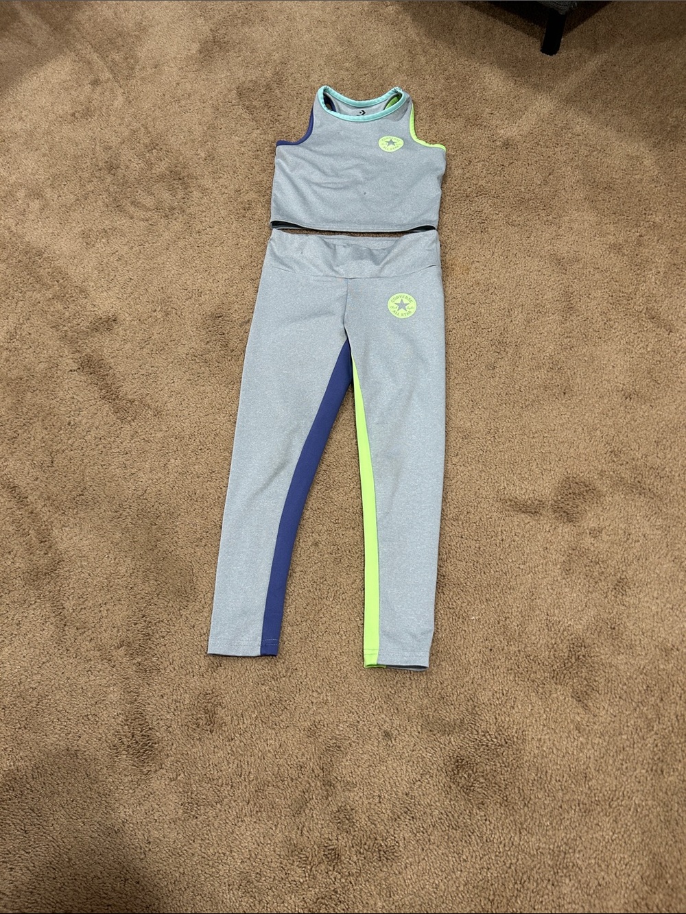Girls Active Crop Tank & Legging Set in Light Gray with Neon Yellow Trim
